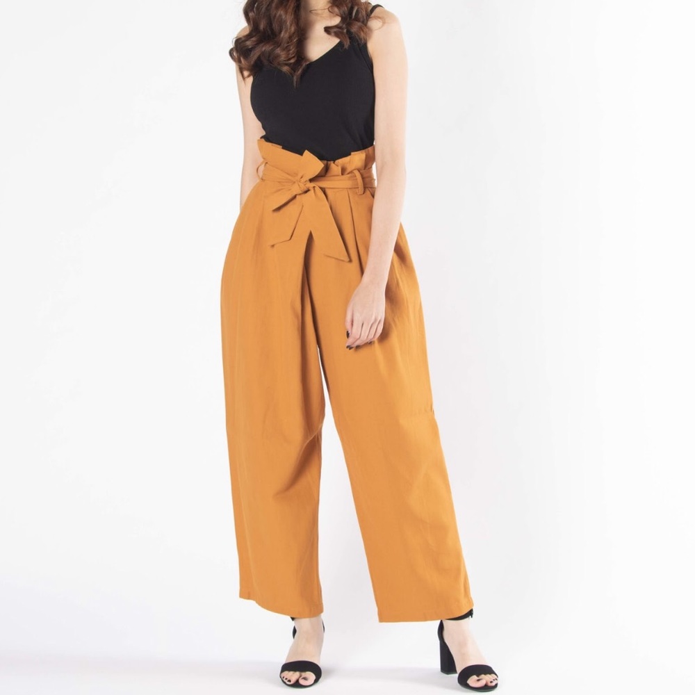 Mustard Belted Waist Linen Blend Ankle Pants